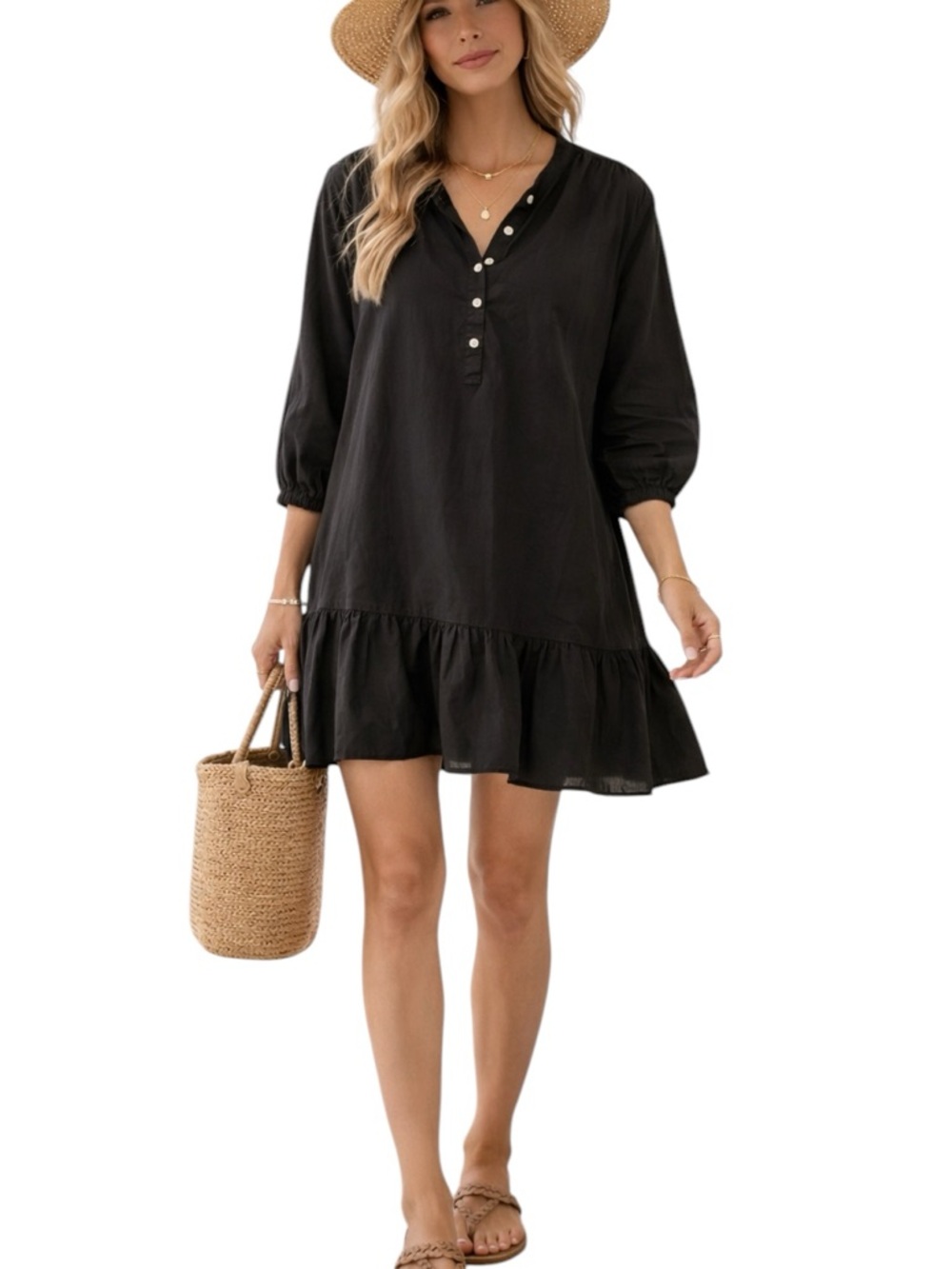 J. Crew Black Cotton Popover Tunic Dress Ruffle Hem Medium Oversized
